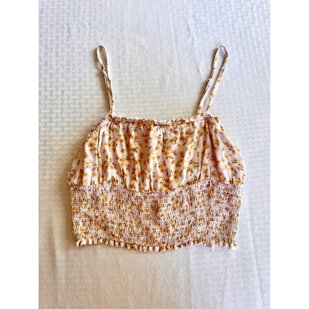 American Eagle Floral Smocked Crop Top Small Pink Yellow Daisy Cami Boho Summer